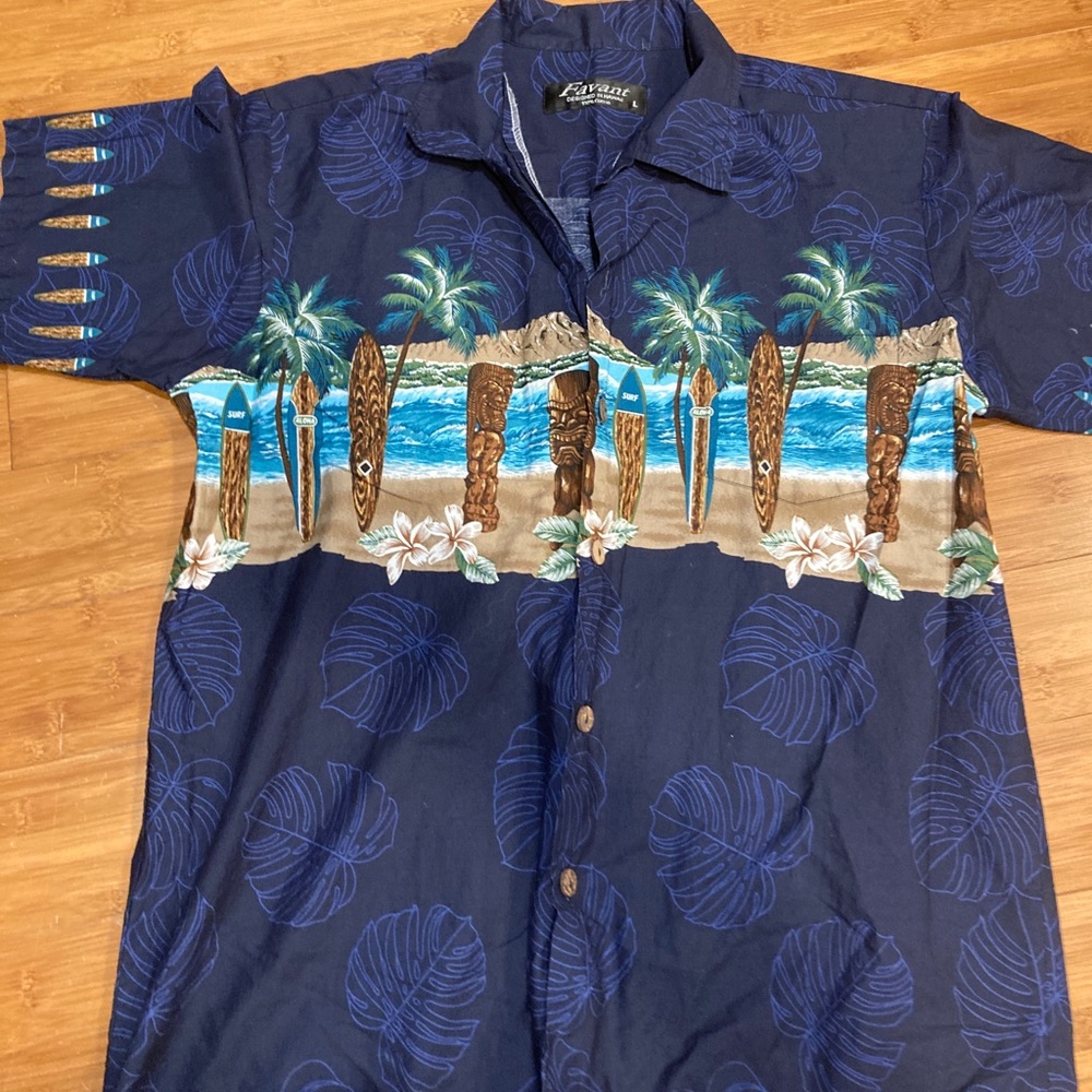 Large men’s Hawaiian shirt tikis surfboards blue